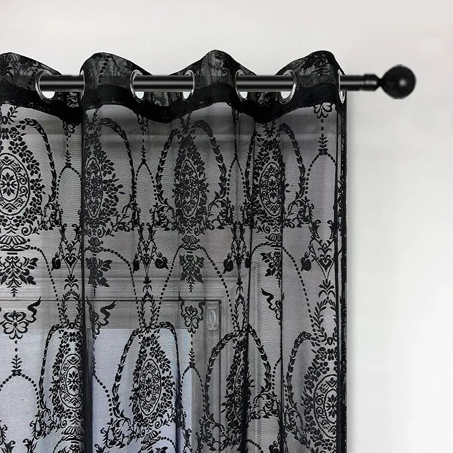rideau noir blanc floral ajouré translucide classique élégant anneaux métalliques mur rideau fenêtre