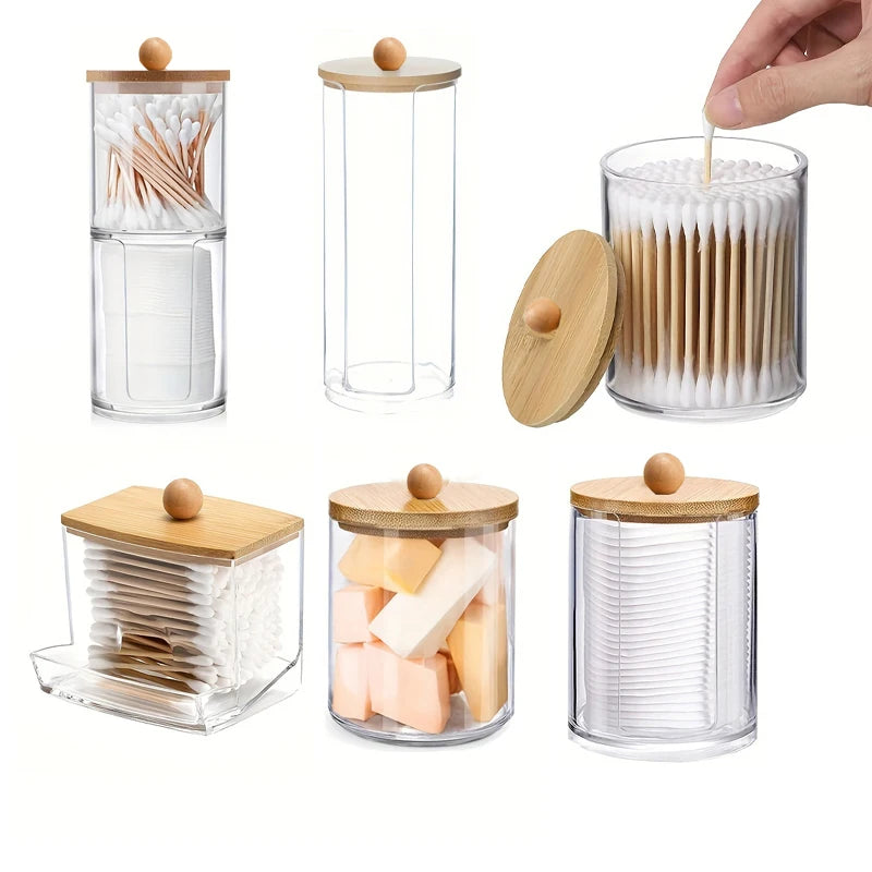 pot coton tige transparent moderne boite rangement couvercle bois respectueux environnement minimaliste organiser