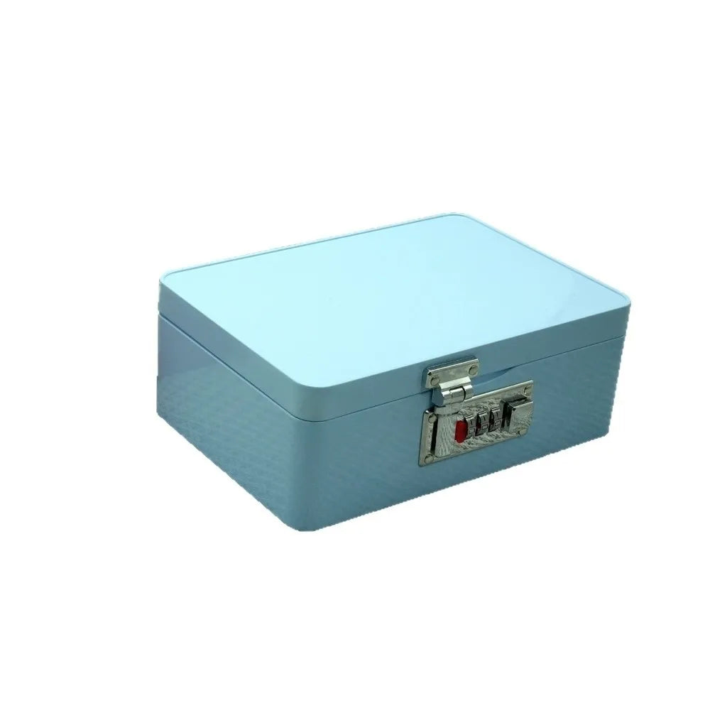 boîte bijoux métal rouge bleu clair texture cuir classique cadenas combiné rangement sécurité