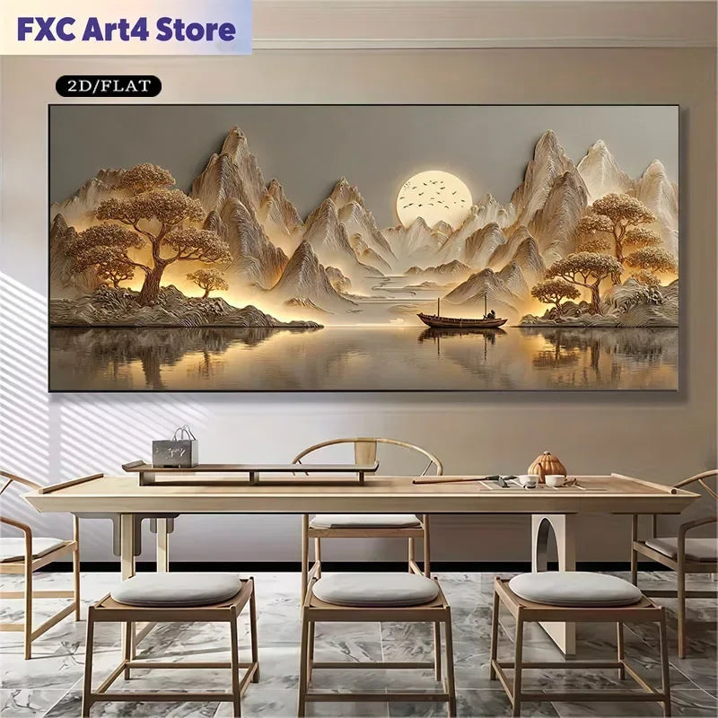 tableau classique paysager montagnes arbres lac bateau coucher soleil beige gris noir sans cadre