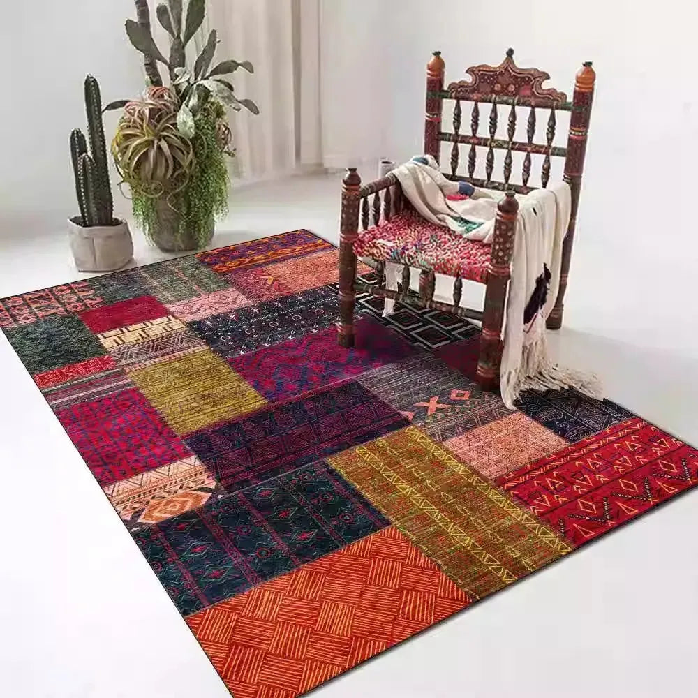 tapis boho ethnique géométrique moderne polypropylène polyester patchwork rouge marron noir beige bleuextérieur chambre