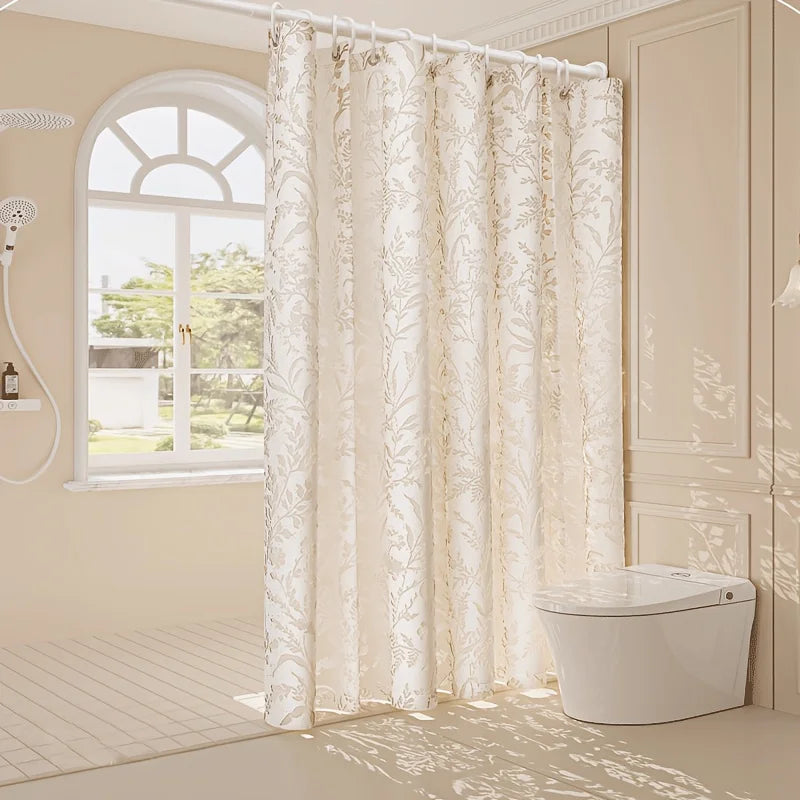 rideau douche imprimé floral beige clair semi transparent classique anneaux métalliques polyester relief