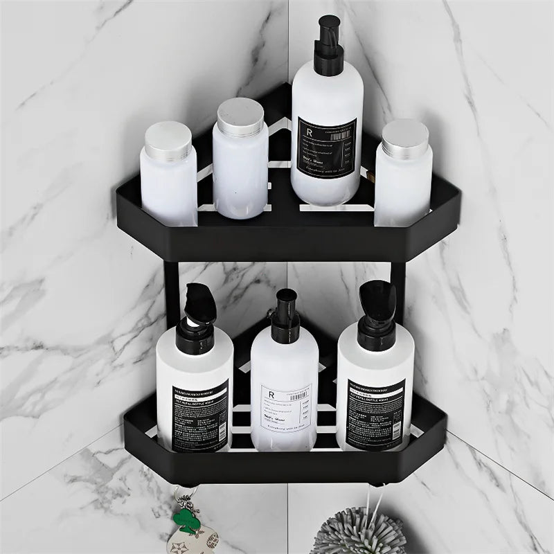 étagère salle bain acier inoxydable noir grille hexagonale moderne adhésive deux niveaux 22cm large