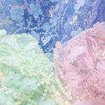 tissu décoratif élégant fleurs paillettes dorées bleu marine bleu clair vert rose blanc translucide