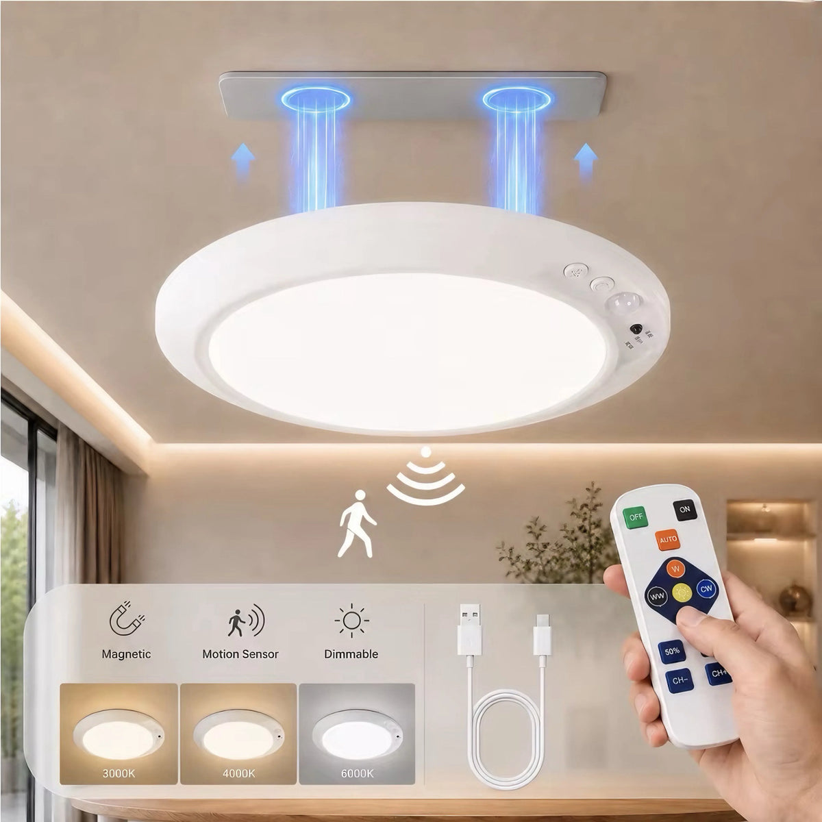 lampe moderne blanc rechargeable usb détecteur mouvement télécommande ajustement luminosité couleur