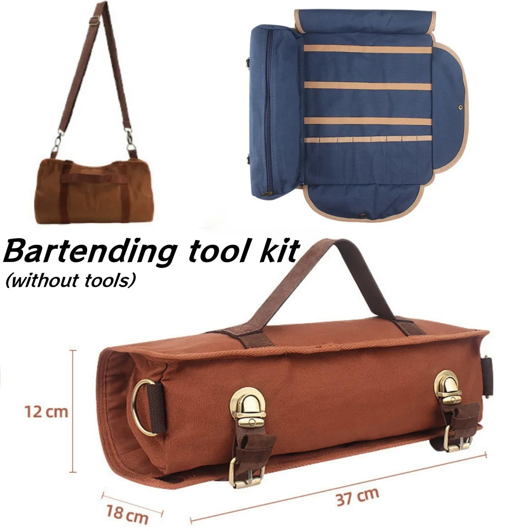 sac outils barman tissu texturé compartiments élastiques sangles réglables vintage utilitaire cocktails