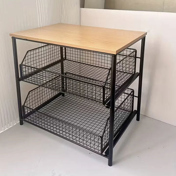 rangement étagère métal tiroirs ajourés industriel moderne plateau bois cuisine stockage multifonctionnel