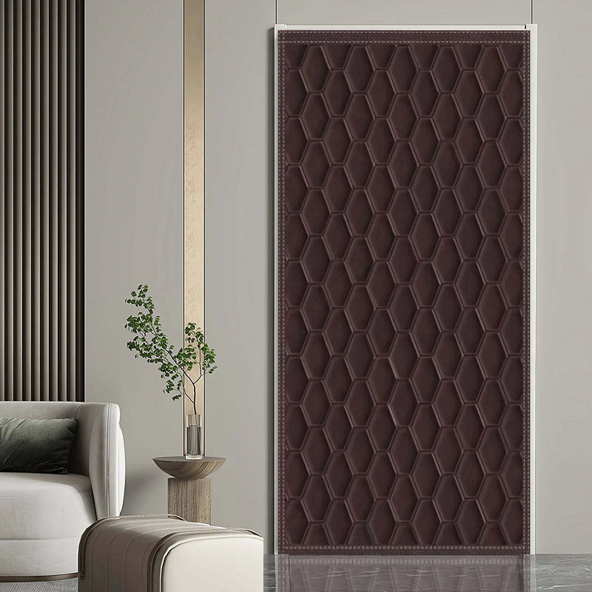 rideau porte marron gris hexagones moderne insonorisation isolation thermique fermeture magnétique crochets