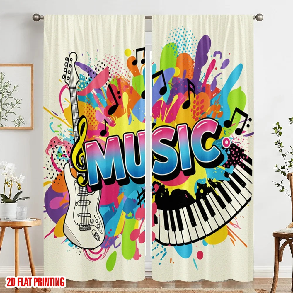 rideau moderne multicolore graphique notes musique opacité 100% polyester deux panneaux vibrant pop art