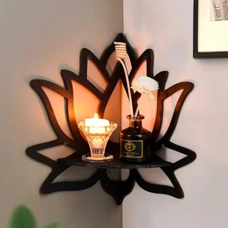 étagère murale moderne bois noir motif lotus vase parfums cristal