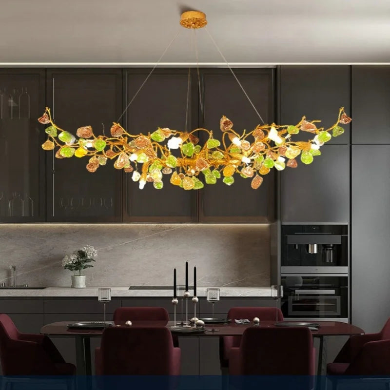 suspension lumineuse moderne dorée branches pierres couleur blanc orange vert