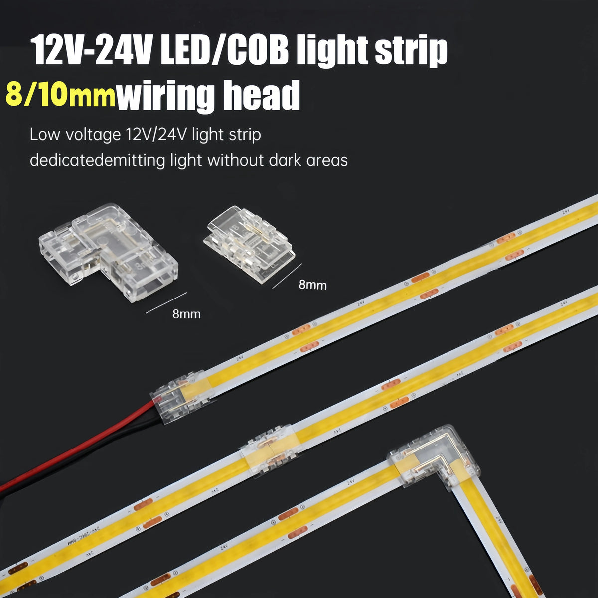 rubans led cob transparent jaune connecteurs câbles raccordement moderne fonctionnel 8mm largeur