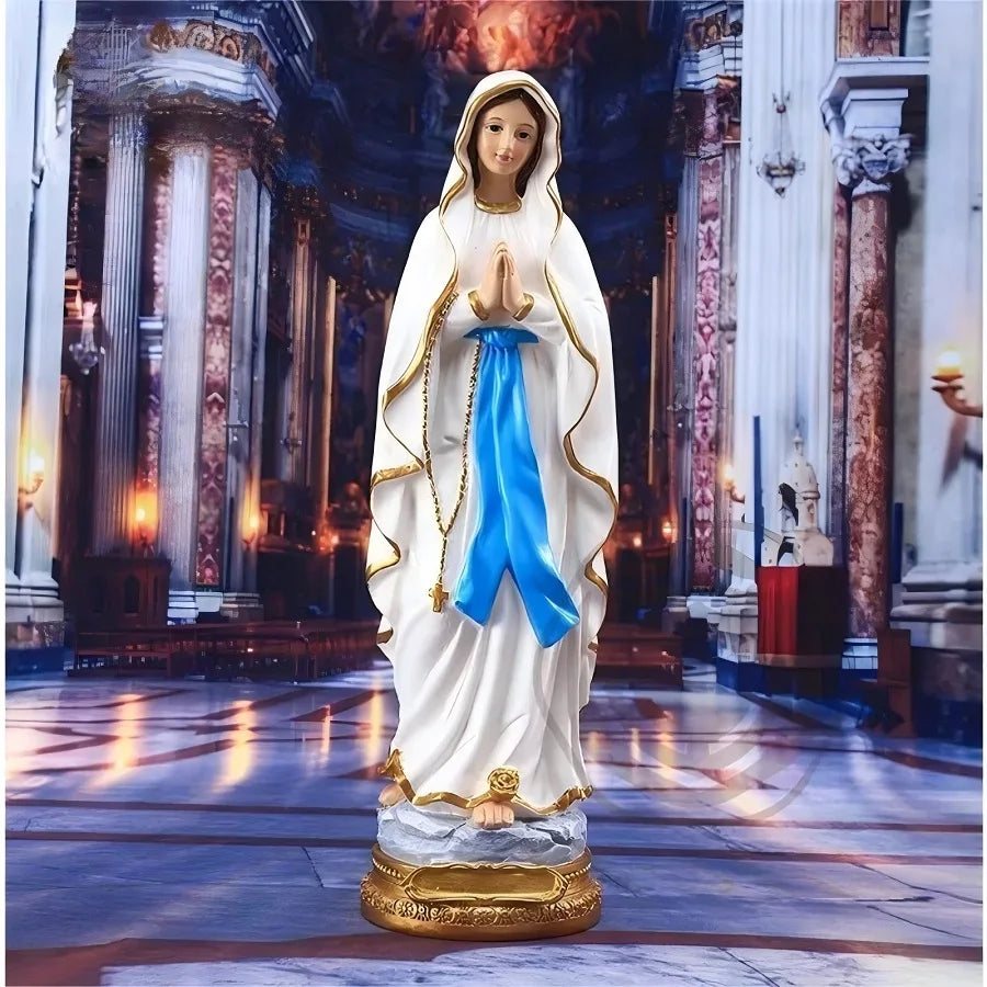 statue virgin mary résine blanche bleu doré motif floral classique decoration intérieure cadeau adhésif