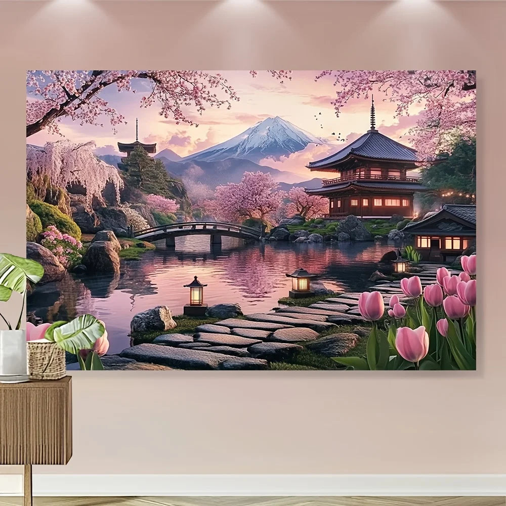 tableau mural paysage japonais fleurs cerisier tulipes montagne pagode pont eau rochers lanterne réaliste