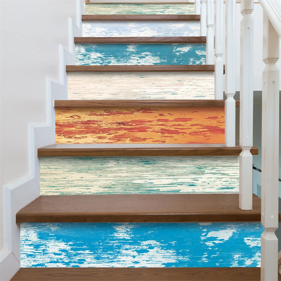 autocollants escalier bois vieilli adhésifs rustiques vintage 7pièces brun bleu