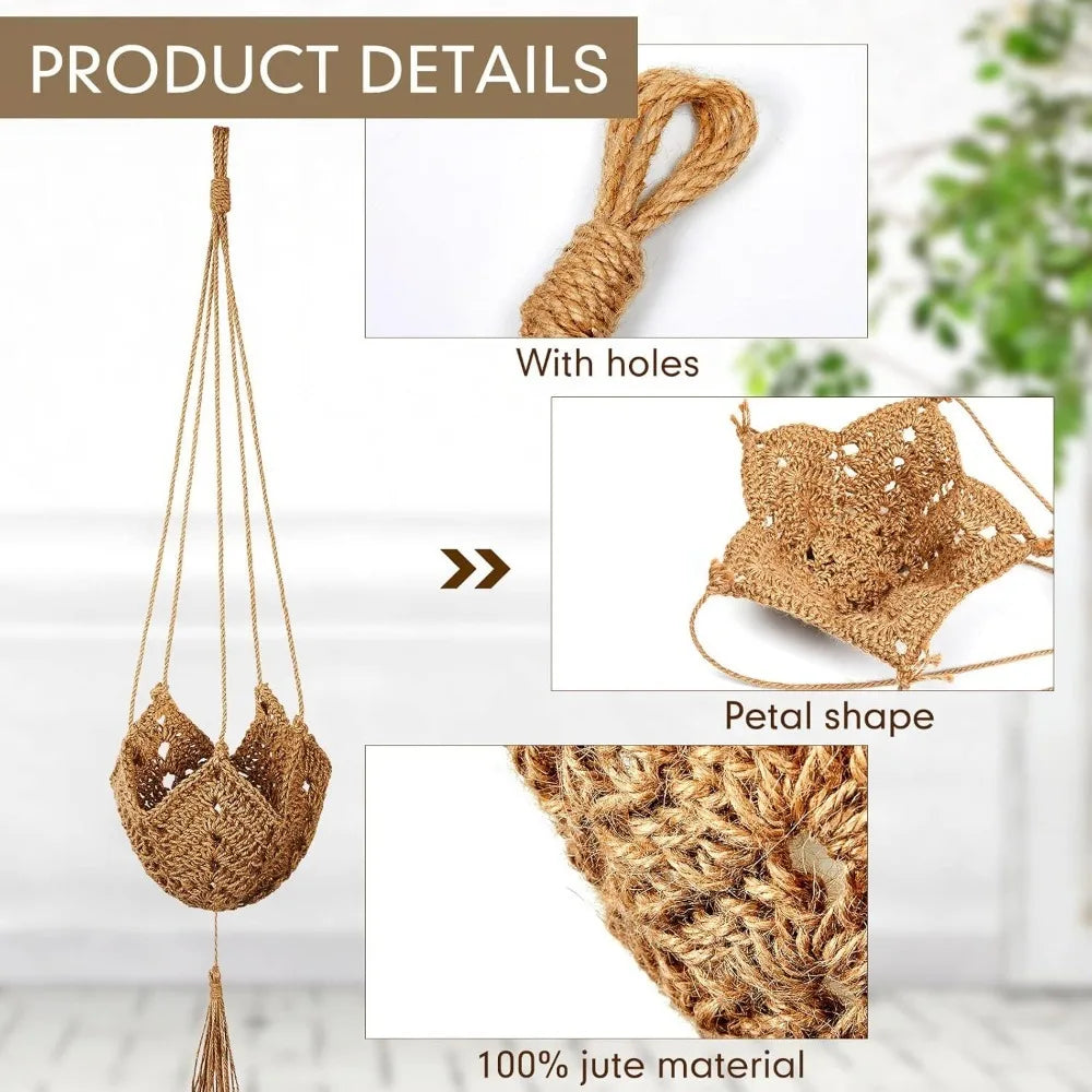 panier suspendu boho chic tissé motifs floraux jaune clair crochets métalliques deux cordons suspension