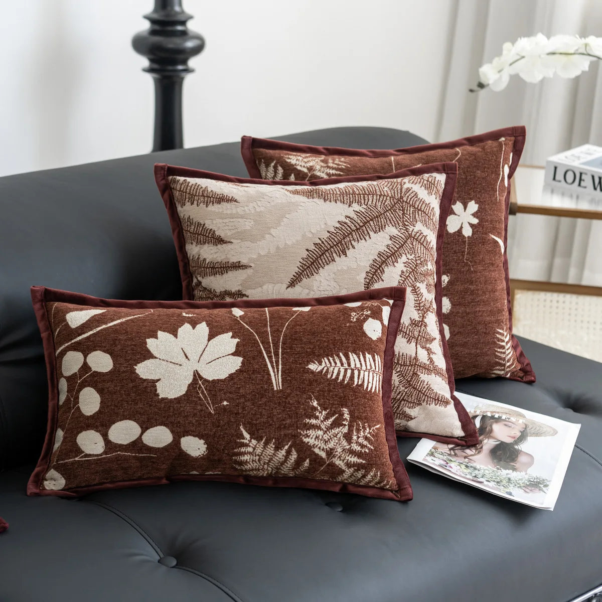 coussin housse carré moderne motif végétal feuilles fleurs adhésif polyester 45x45cm 30x50cm decoration intérieur