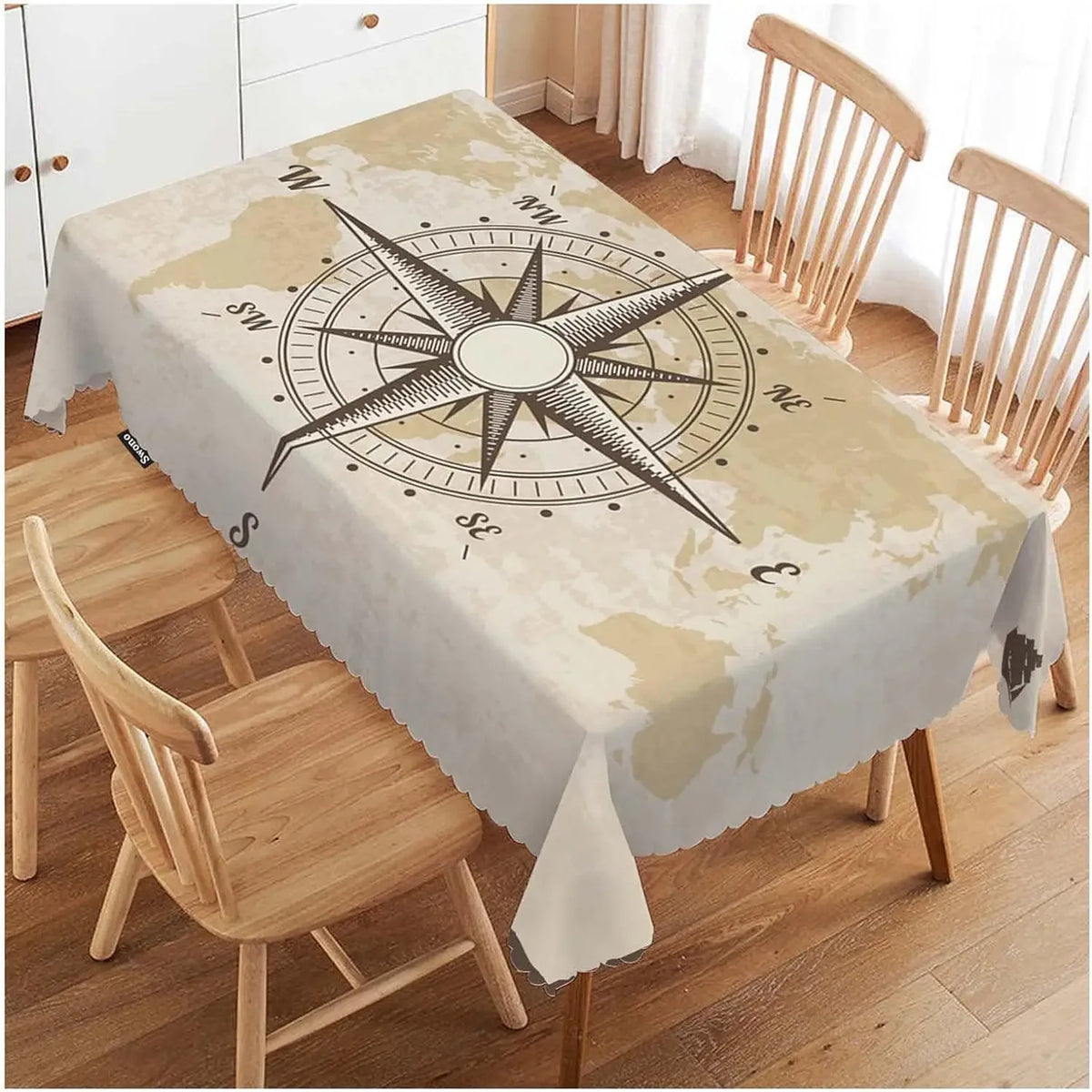 nappe rectangulaire carte marine motif géométrique polyester beige gris vintage table manger