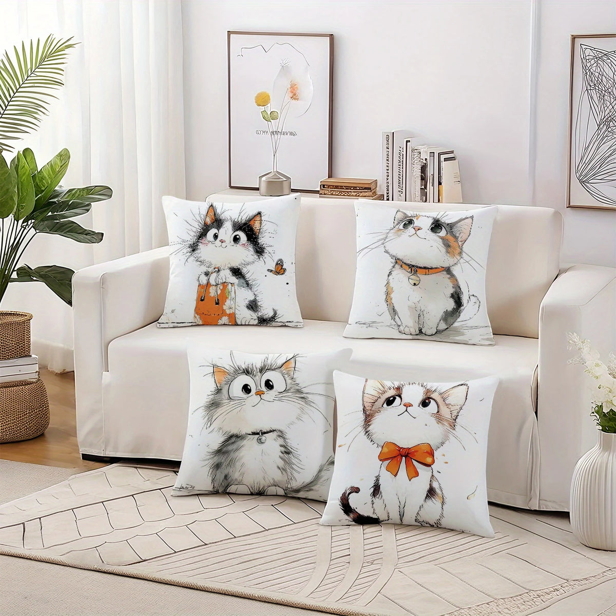 housses coussin forme chat aquarelle mignonnes dessin animé polyester peacheskin blanc cartoon 40x40cm 45x45cm