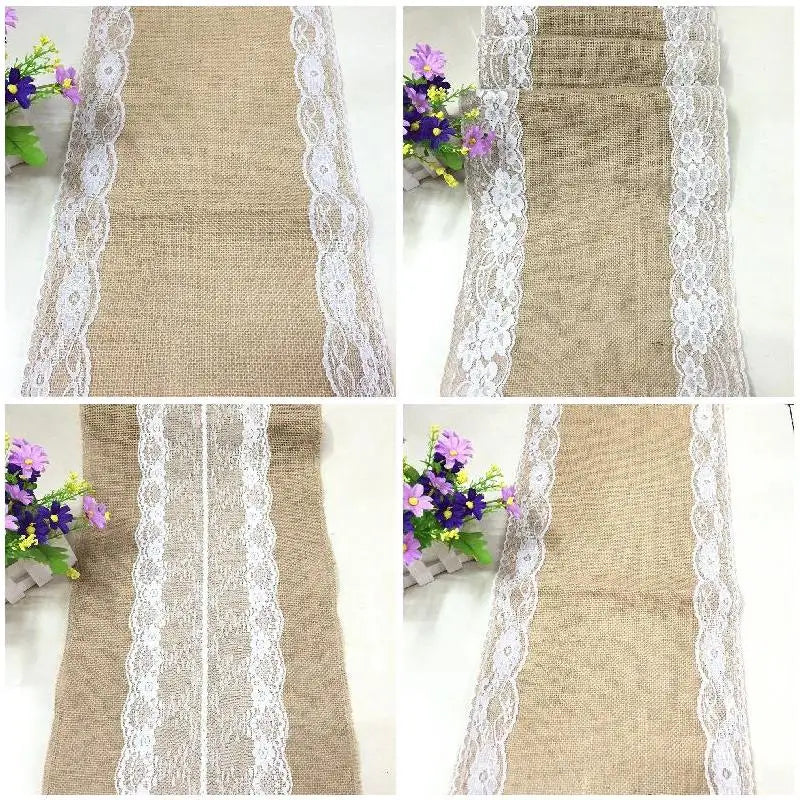 nappe table vintage jute lin dentelle bordure fleurs artificielles rustique cuisine salle manger