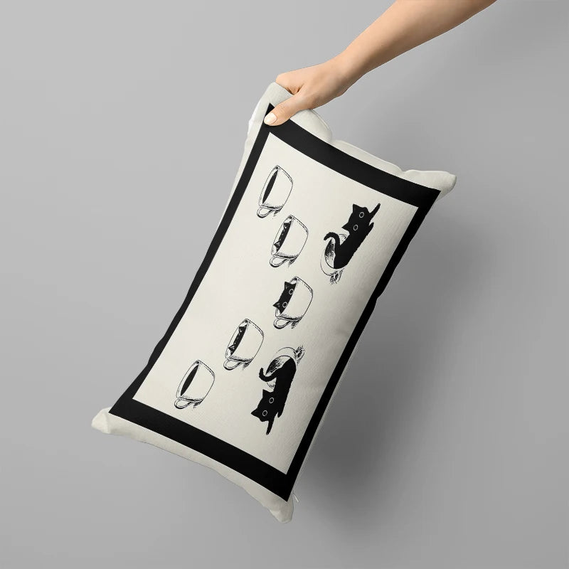 taie d'oreiller décorative blanche motif chat noir moderne lit salon maison coton polyester