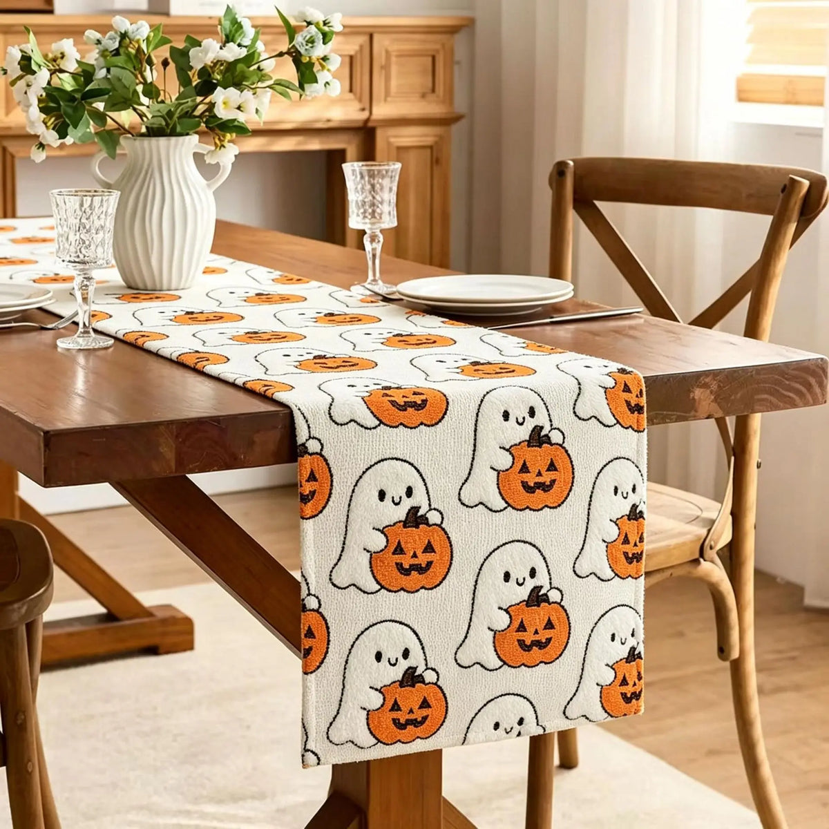 tableau halloween citrouilles fantômes orange blanc rose polyester restaurant fêtes salon automne