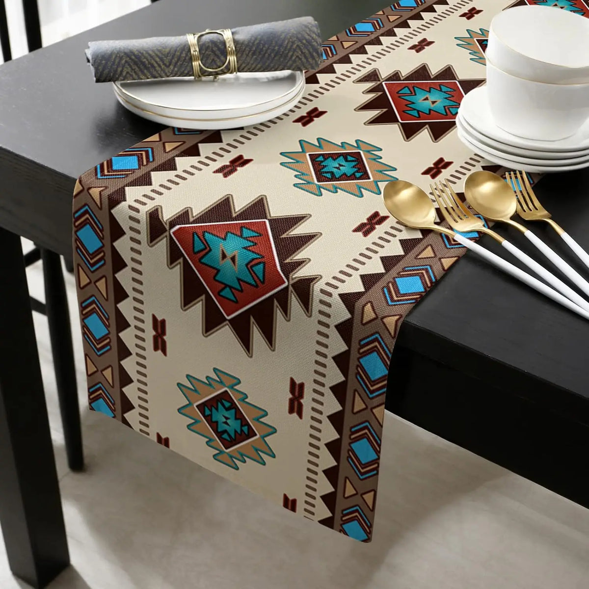tableau chemin table lin aztèque beige marron bleu rouge moderne ethnique