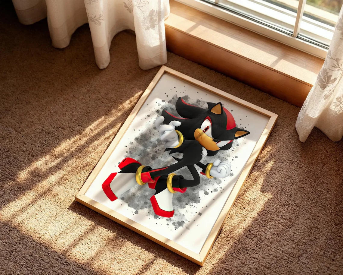 tableaux muraux sonic tails knuckles shadow aquarelle cadre noir bois clair chambre enfant decoration
