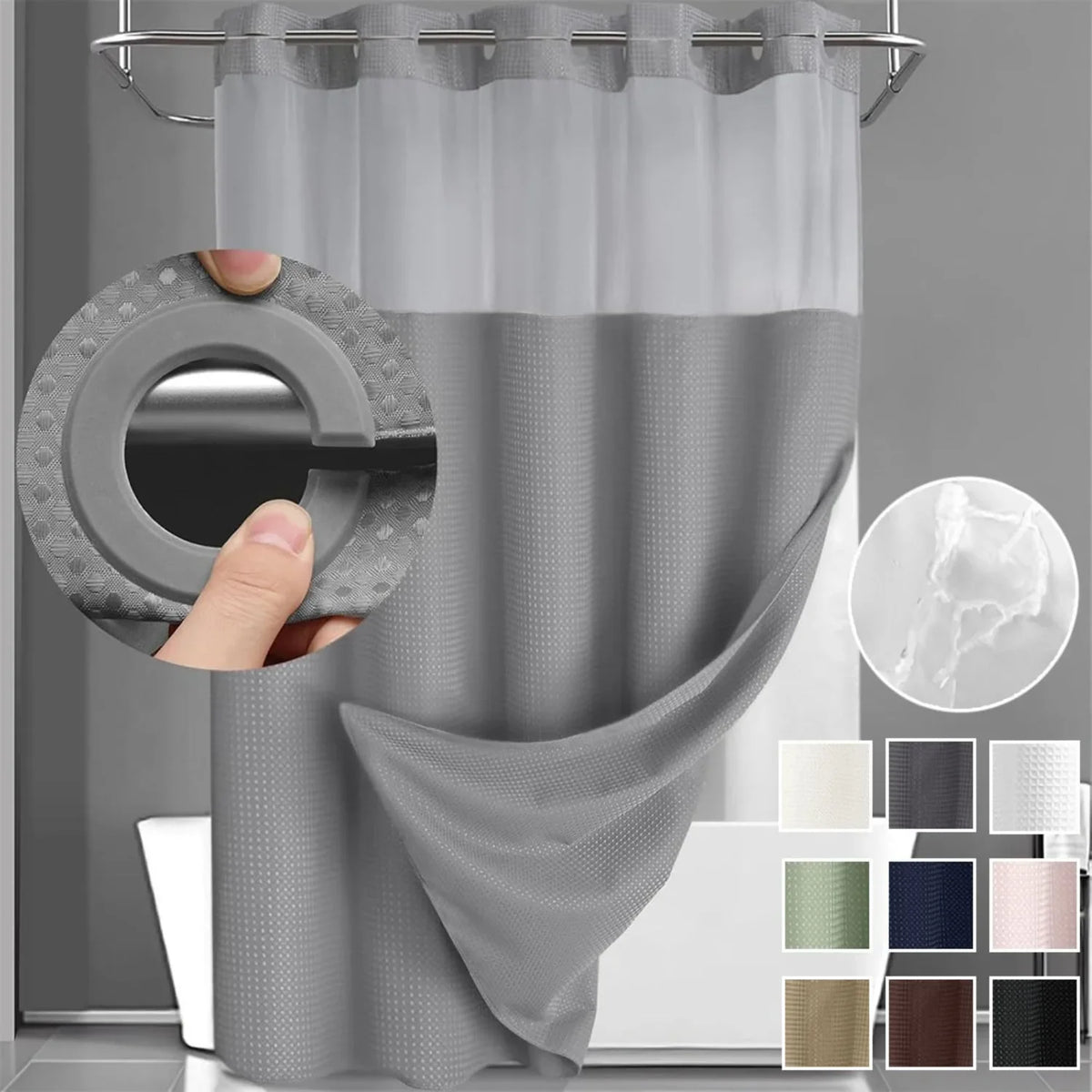 rideau douche moderne gris vert blanc tissé points transparent waterproof anneaux 72x74inch