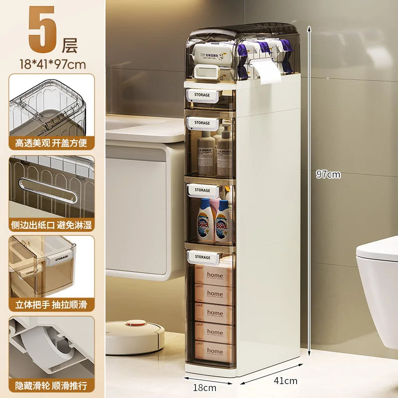rangement salle bain moderne étages adhésif compartiments transparent beiges gris produits toilette papier serviettes