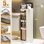 rangement salle bain moderne étages adhésif compartiments transparent beiges gris produits toilette papier serviettes