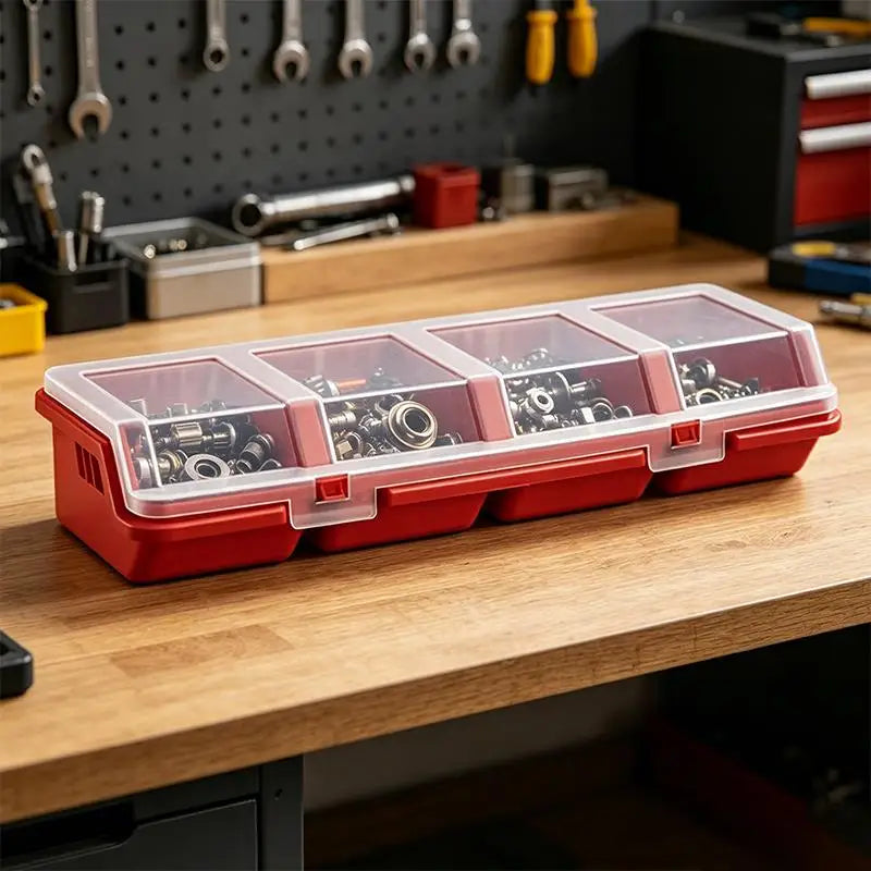 boîtes rangement compartiments outils vis bijoux plastique rouge noir transparent atelier poignée