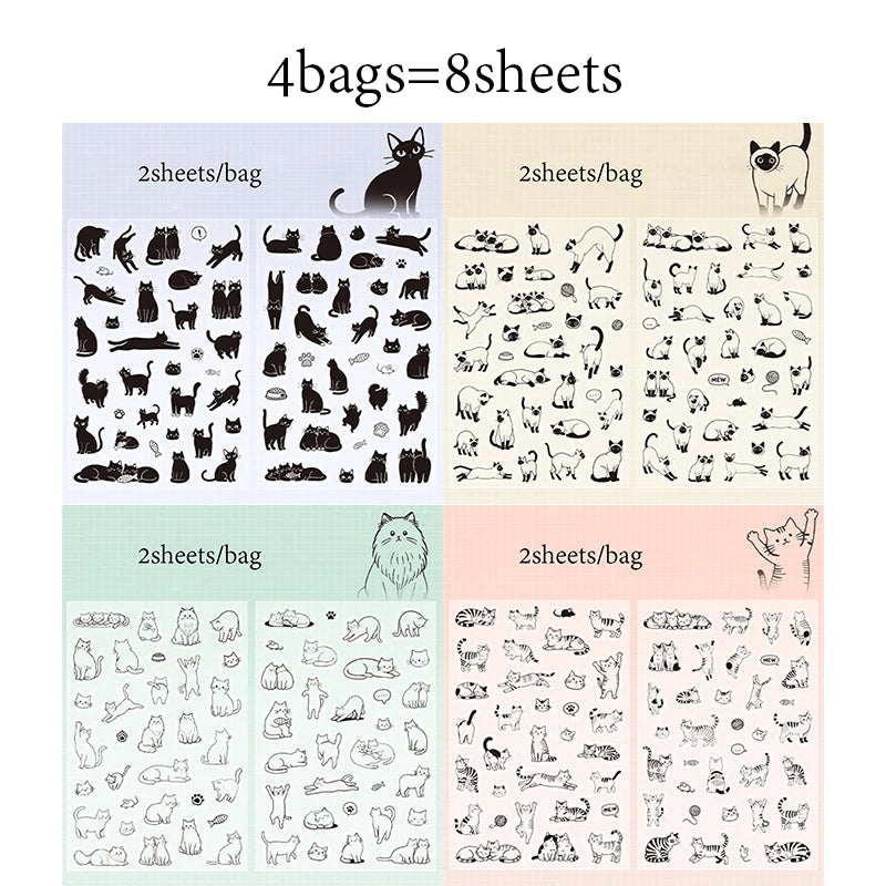 autocollants transparents chats mignon geometrie adhesifs scrapbooking noir blanc rose vert clair kawaii cartoonaufs