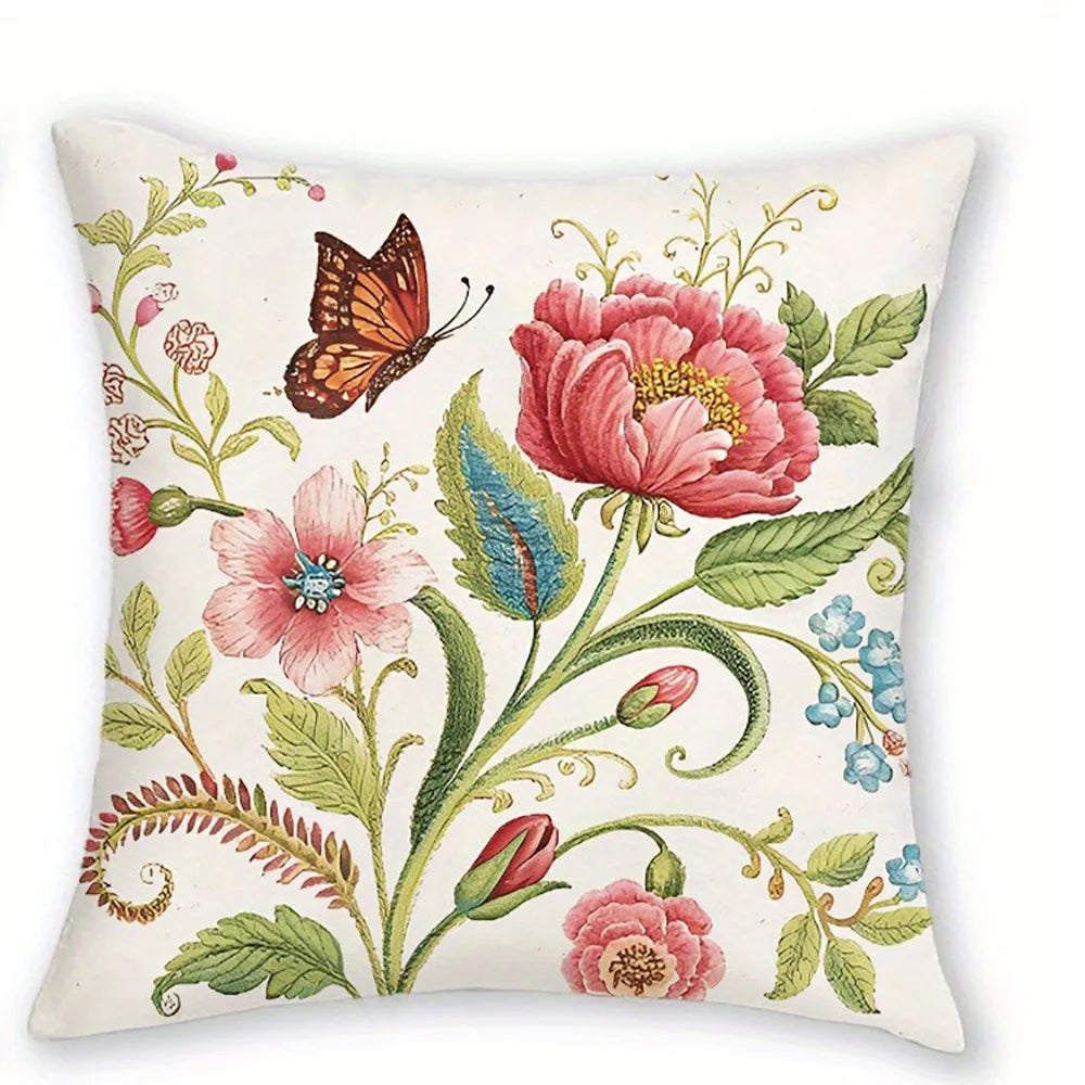 taies d'oreiller imprimées floral oiseaux papillons fleurs vintage beige clair motifs différents casa 40x40cm