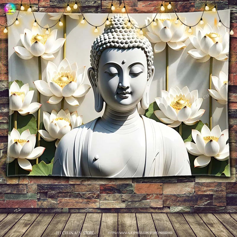 tapisserie decor rectangle blanc gris bouddha lotus classique opacité decoration murale accessoire chambre