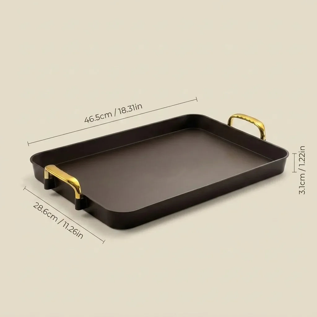 plateau rangement marron bois naturel poignées dorées boîte bijoux pots cosmétiques bouteilles lotions savon