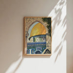 toile imprimée art islamique traditionnel motifs géométriques calligraphie arabe beige bleu doré vert decoration
