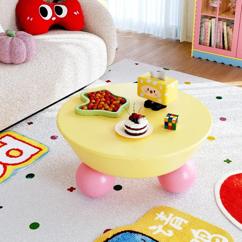 table basse enfant moderne jaune rose bleu lisse pieds sphères ludique