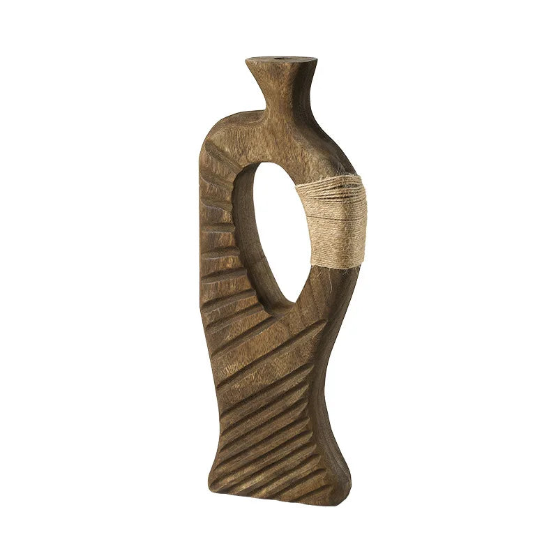 vase bois abstrait moderne marron clair lignes verticales décoration intérieure arrondi ajouré table transparent