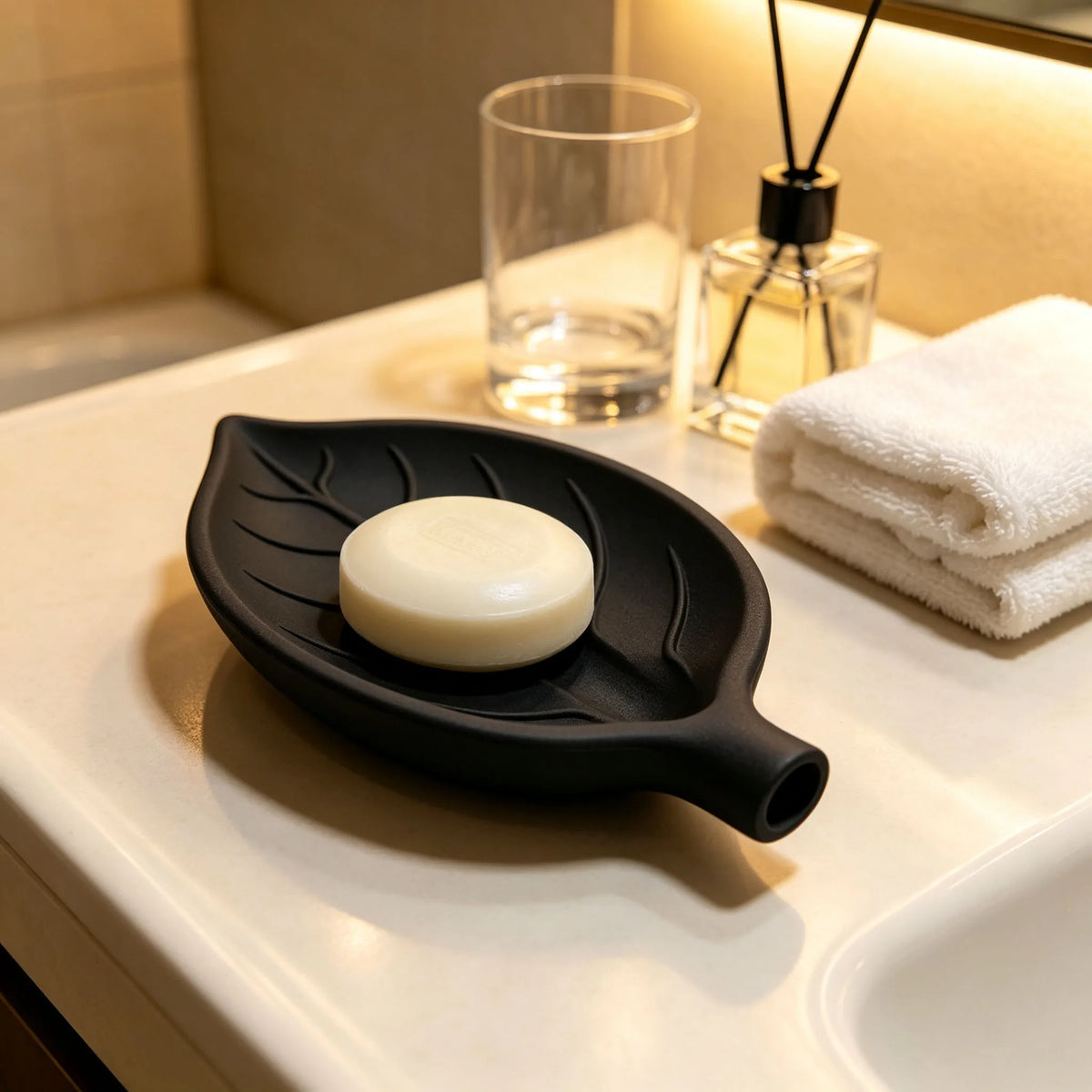 support savon feuille naturelle blanc noir drainage minimaliste salle bain