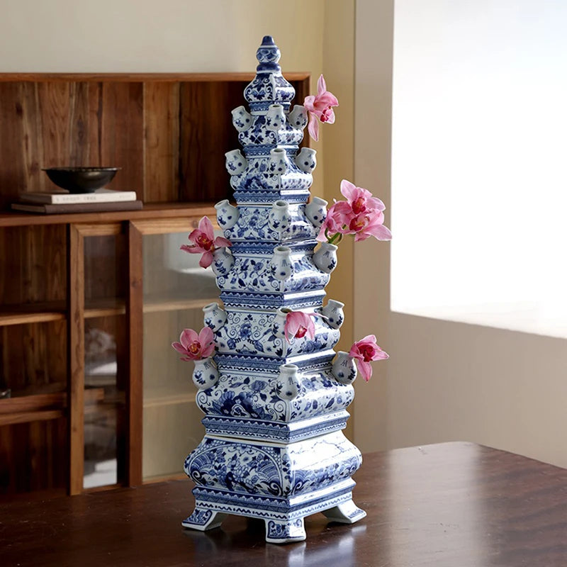 vases céramique bleu blanc décor floral traditionnel asiatique hand painted grandes dimensions