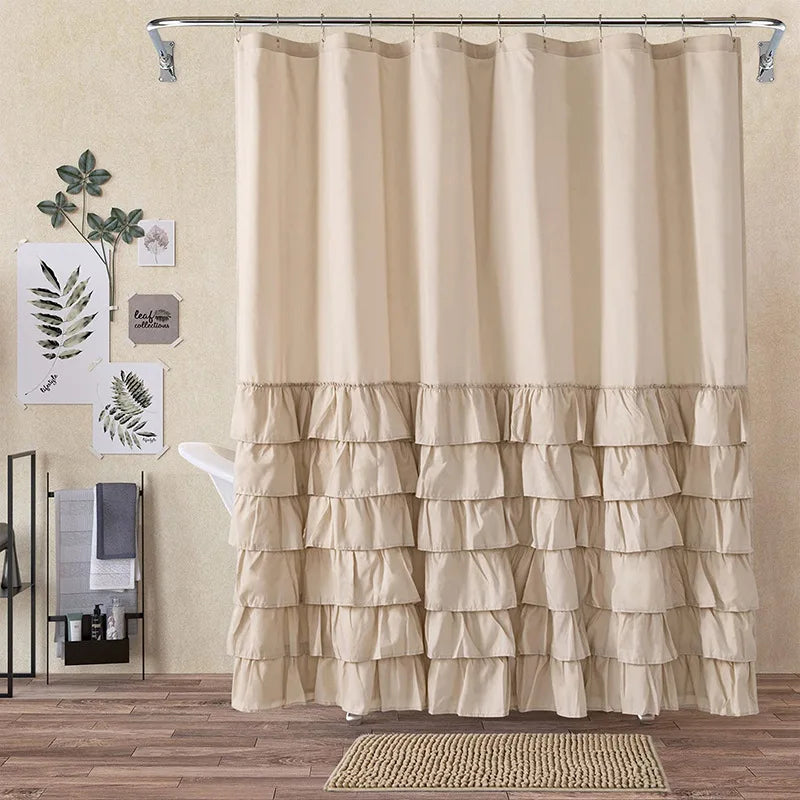 rideau douche blanc volants gris rose classique opacité anneaux métalliques respectueux environnement moderne
