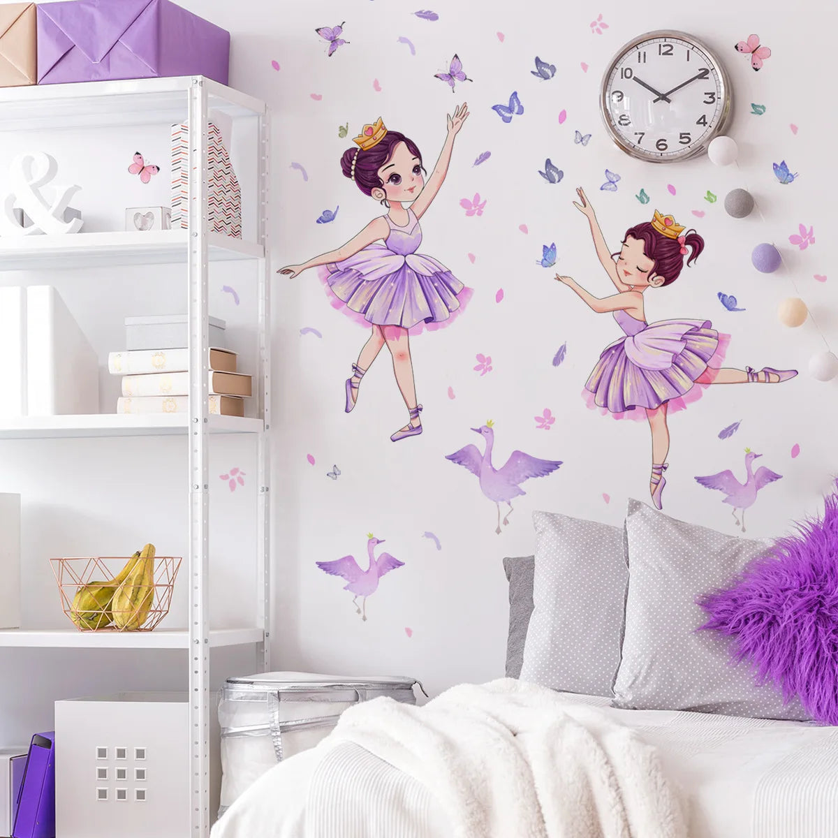 stickers muraux danseuses tutu papillons oiseaux violet rose blanc chambre bébé fille illustration autoadhésifs