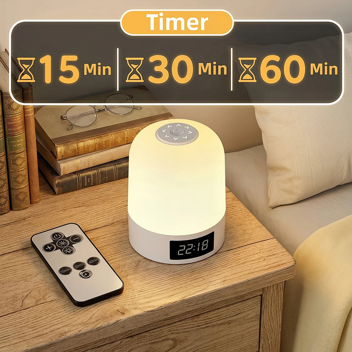 veilleuse lampe chevet blanc moderne affichage heure commande tactile rechargeable