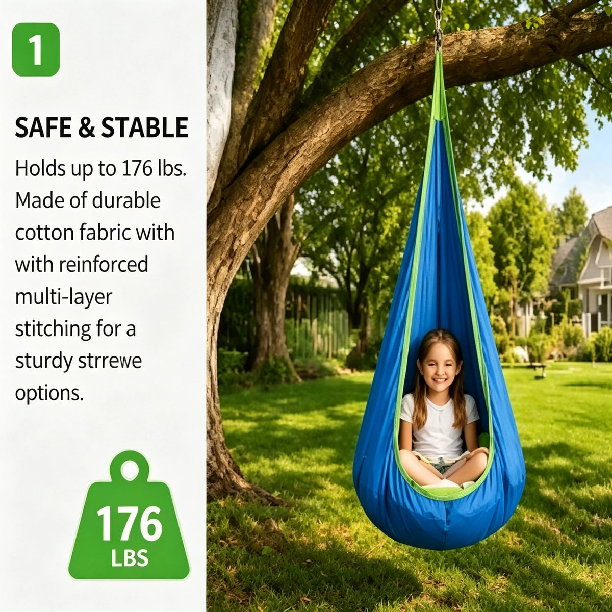 chaise suspendue enfant bleu vert moderne coussin d'air sécurité durable extérieurintérieur