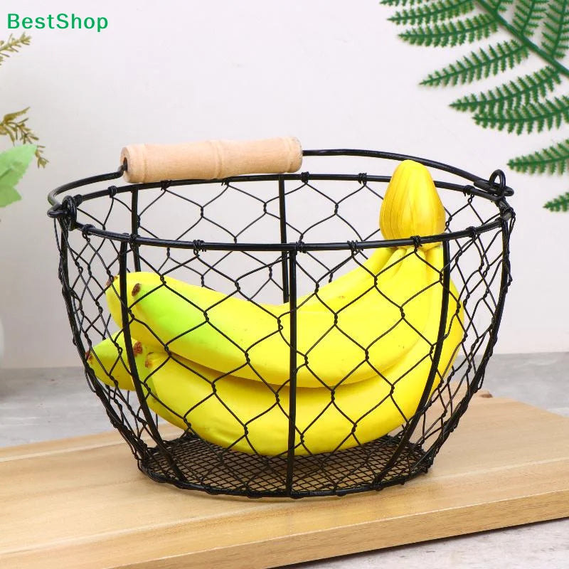 panier filet métallique noir blanc vintage rustique poignées bois fruits légumes rangement cuisine pique