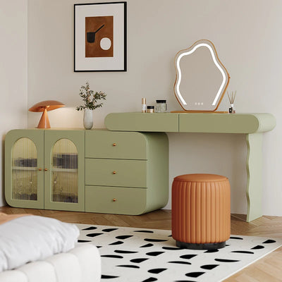 coiffeuse moderne bois vert olive rangement miroir tabouret orange rouille semi transparent