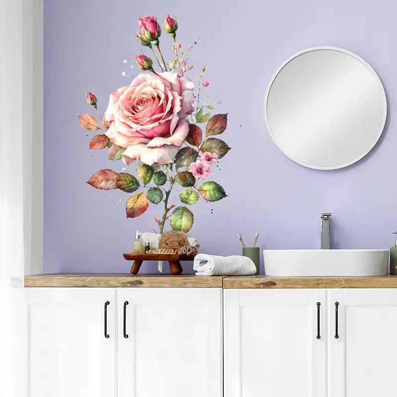 autocollant mural floral bouquet roses feuilles moderne rose vert brun opaque chambre salon