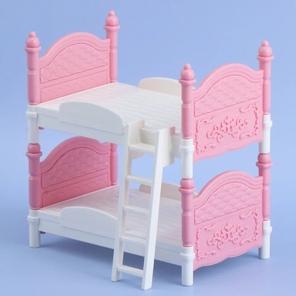 lit superposé poupées rose blanc tapis animal classique matelas floral chambre enfant jouets miniatures