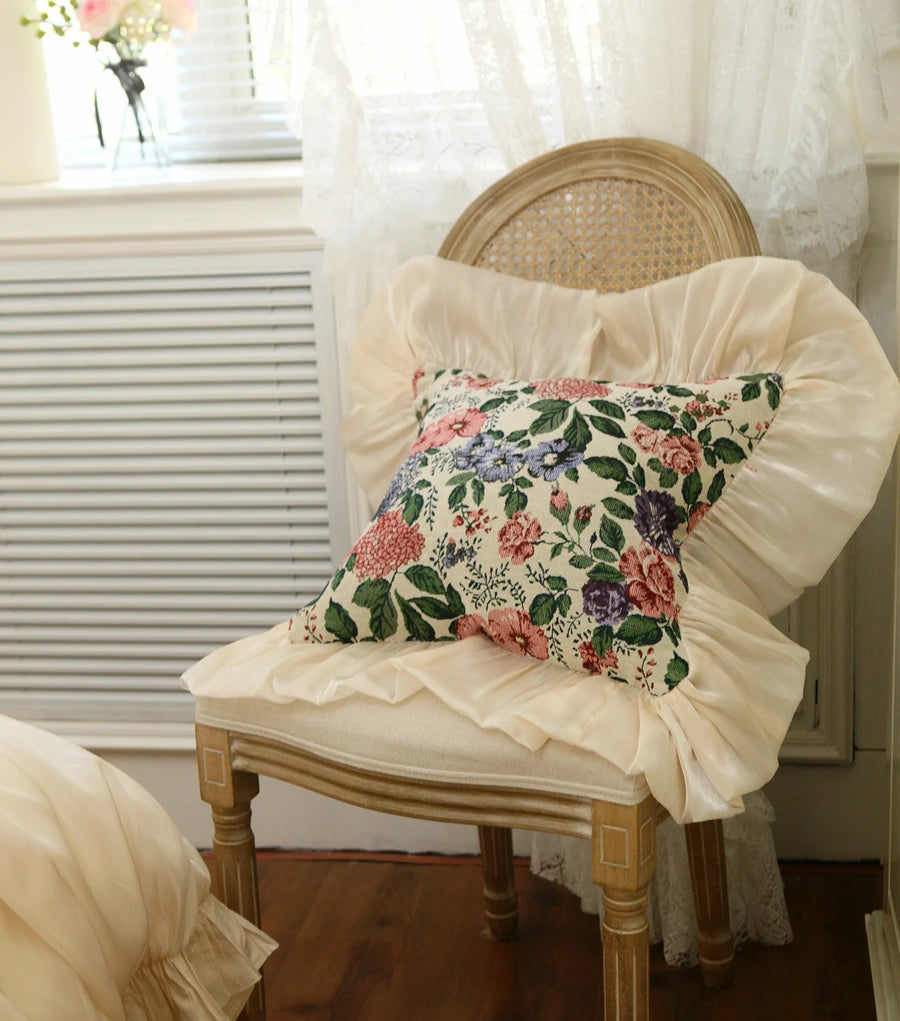housses coussin fleur rose feuilles vertes vintage romantique opalescent adhésif rubans blancs coton carré